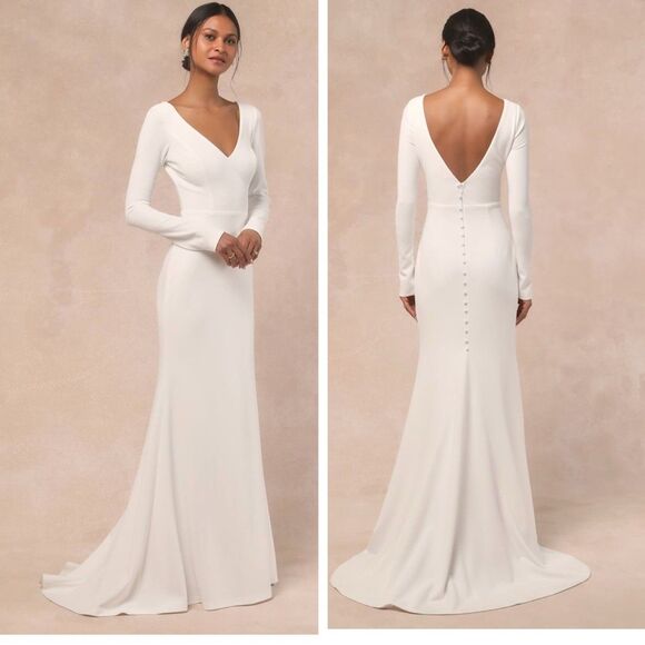 Lulus Feeling of Forever White Long Sleeve Mermaid Maxi Dress Size Large Bridal - Picture 1 of 9